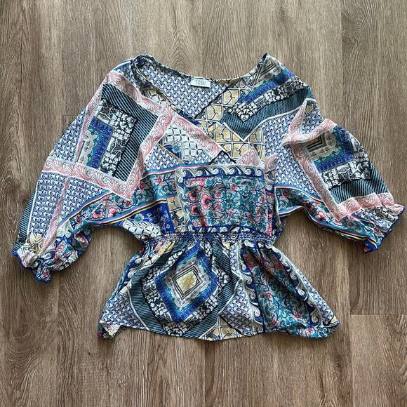TOBI Patchwork 3/4 Sleeve Peplum Blouse Size Small - Picture 1 of 4